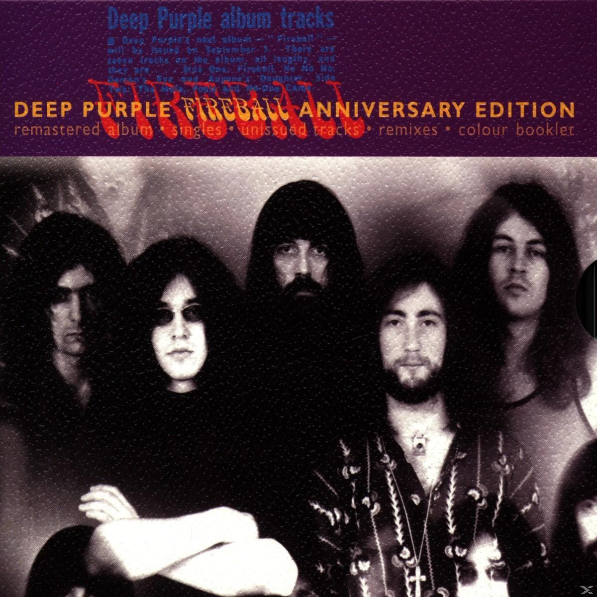 Deep Purple Albumcover. Bandmitglieder in dunkler Kleidung. Text: 'Deep Purple Fireball Anniversary Edition'.