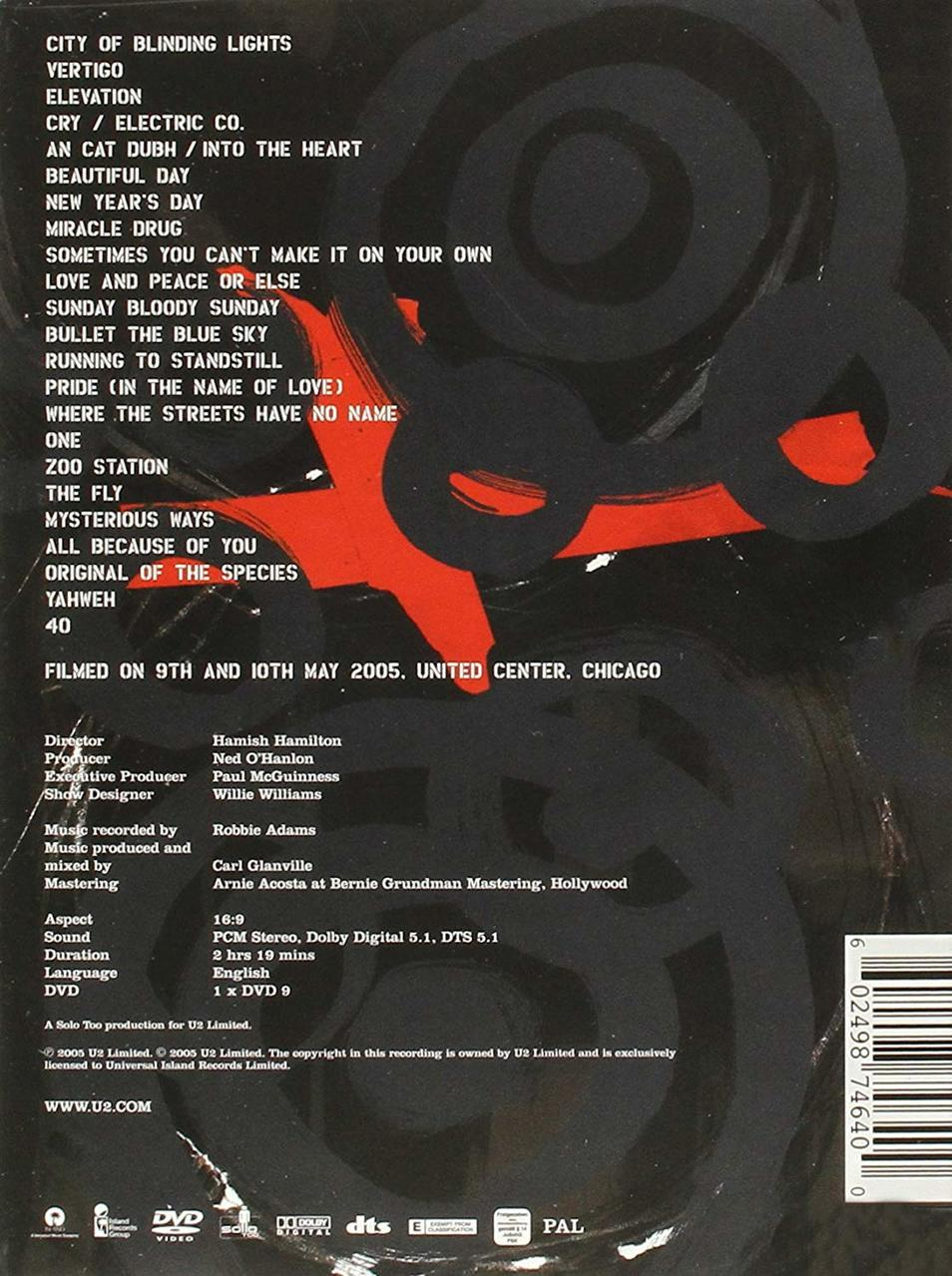 U2 DVD Rückseite mit Titelliste, schwarzem und rotem Design und Text.