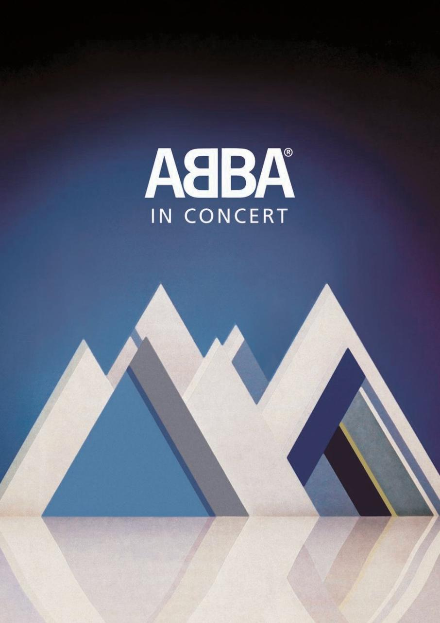 ABBA Konzertplakat. Weißer Bandname über Bergsilhouetten, blauer und violetter Hintergrund.