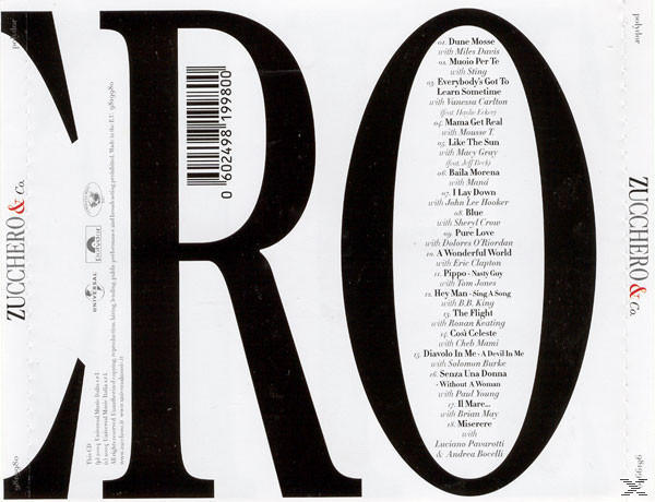 Zucchero-Albumcover mit Trackliste. Ein Barcode ist vorhanden, zusammen mit dem Universal-Logo.