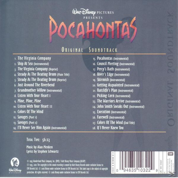 Rückseite des Pocahontas Original Soundtrack-CDs mit Titelliste und Logo.