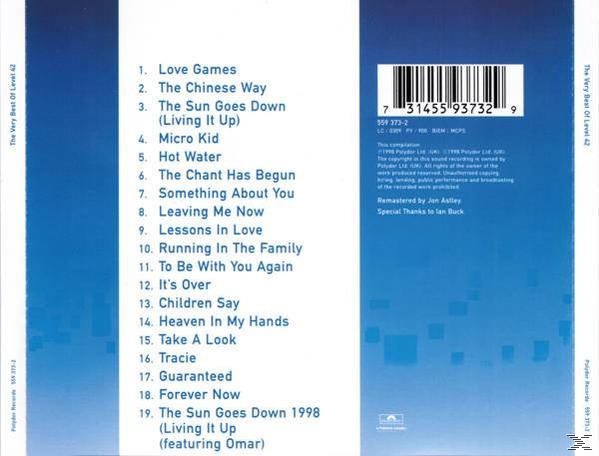 CD-Rückseite mit Titelliste für 'The Very Best of Level 42'.