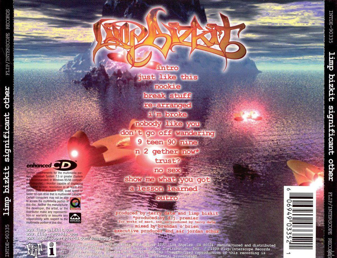 Albumcover von 'Limp Bizkit - Significant Other'. Roter und gelber Text mit Wasser und einem Boot. Enhanced CD-Logo.
