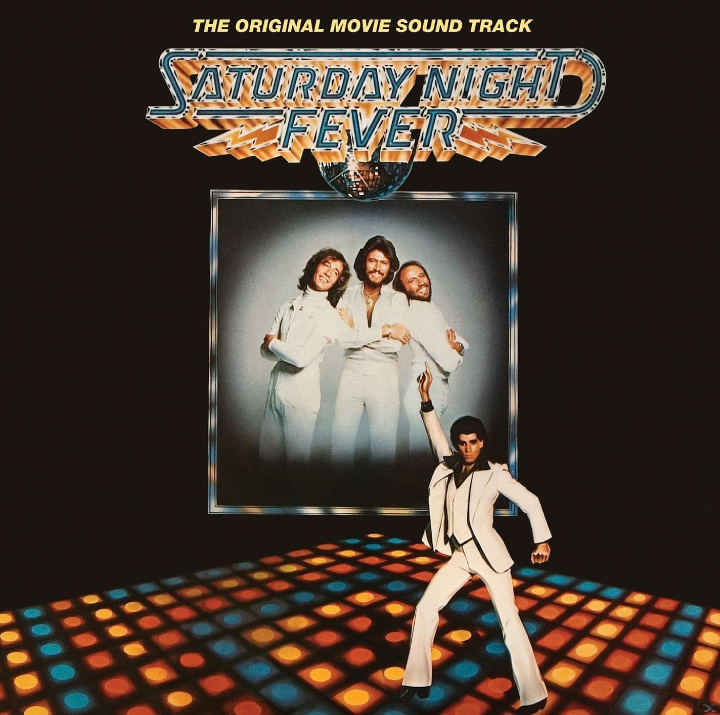 Albumhoes. The Bee Gees en een danser uit de film Saturday Night Fever. Discolamp in de achtergrond.
