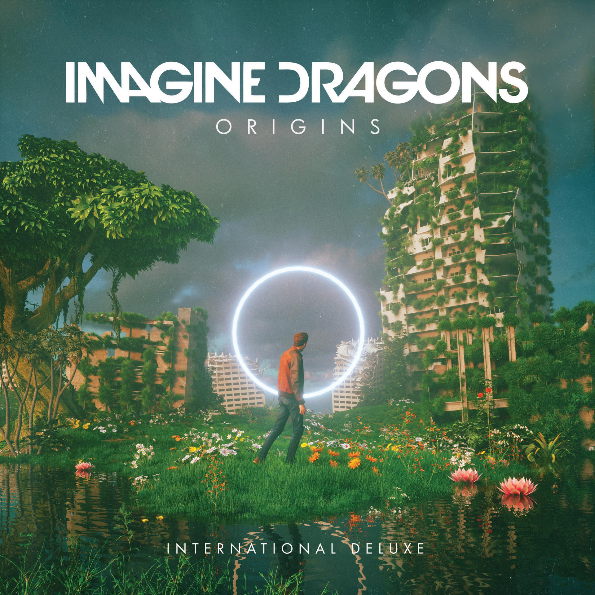 Imagine Dragons Albumcover. Ein Mann geht durch einen Lichtring. Surreale Szene mit Natur.