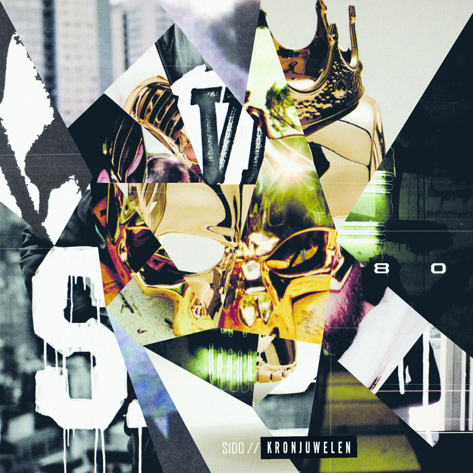 Albumcover mit goldener Krone und Totenkopf. Gold-, Weiß- und Schwarztöne mit Text.
