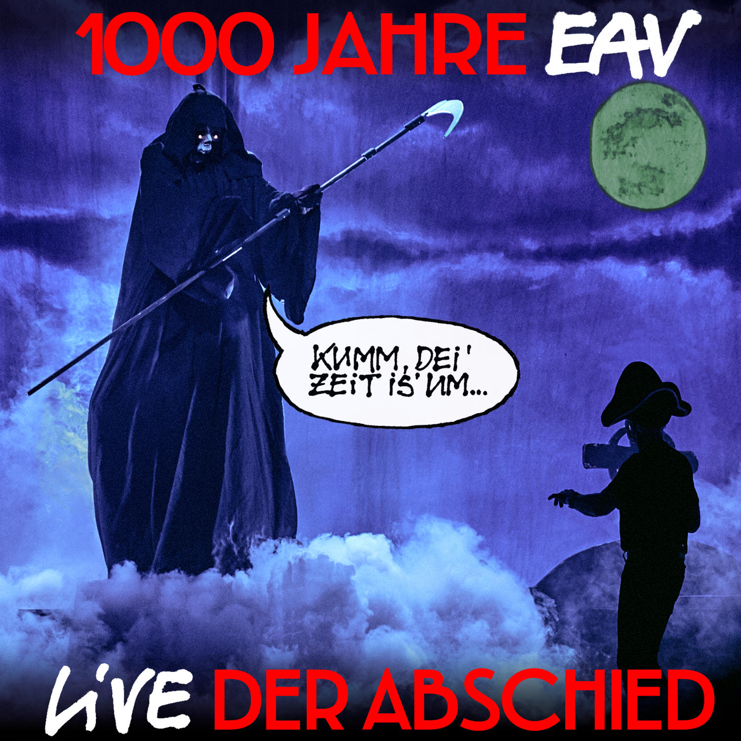 Albumcover mit einer Sensenmann-Figur und einer cartoonartigen Figur, Nachthimmelhintergrund.