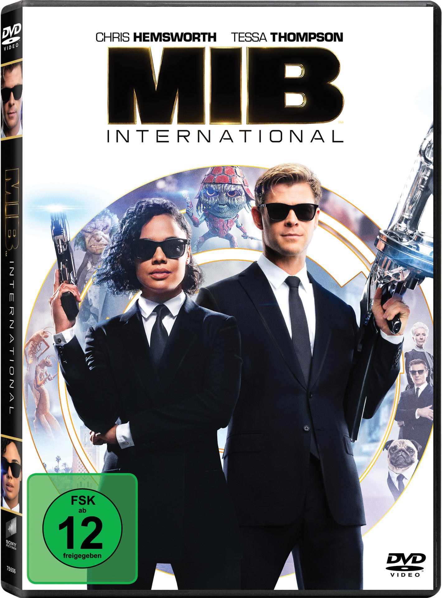 DVD-Cover für 'MIB International'. Zeigt Chris Hemsworth und Tessa Thompson mit Waffen. Schwarze Anzüge und Sonnenbrillen.