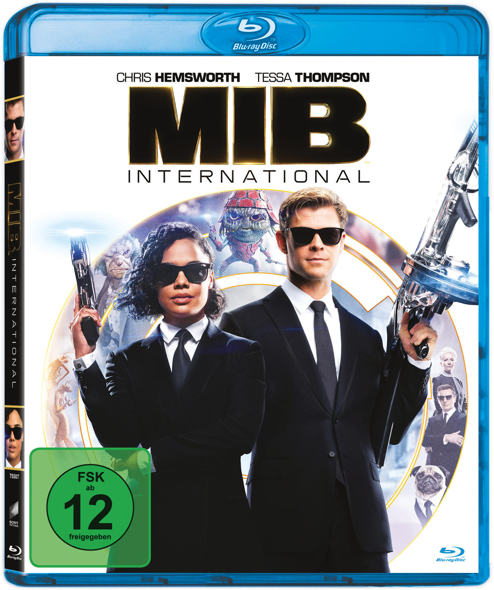Blu-ray-Cover. Chris Hemsworth und Tessa Thompson in schwarzen Anzügen, die Waffen halten.
