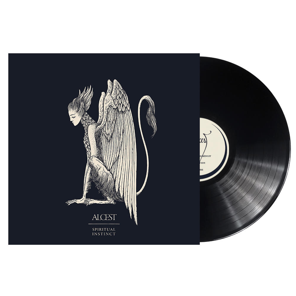 Album borító egy griffmadárral és szöveggel. A háttér sötétkék. A bakelit a jobb oldalon van.