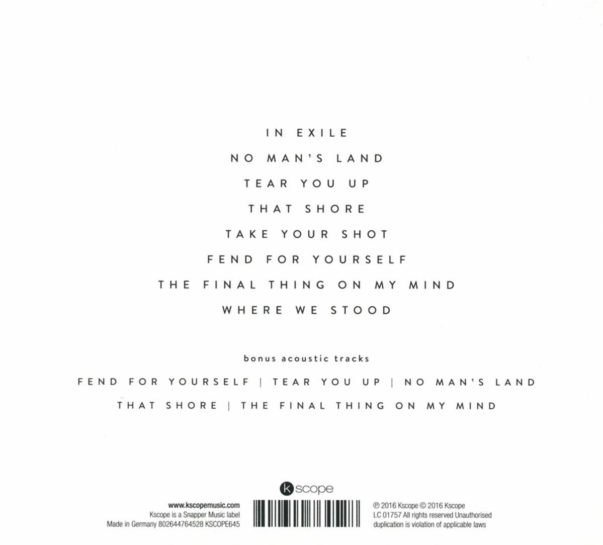 Albumcover mit Songtiteln. Weißer Hintergrund, schwarzer Text. Kscope-Logo unten.