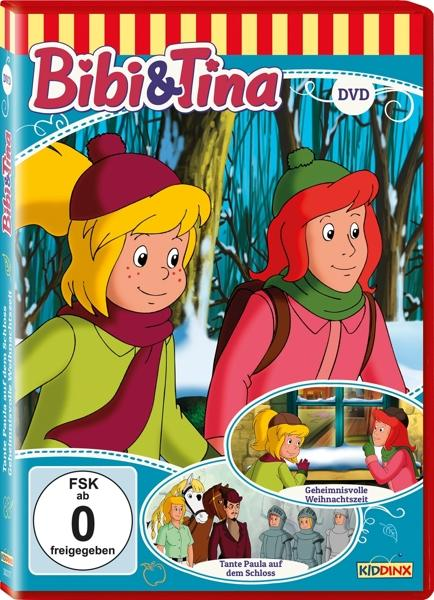 DVD-Cover mit zwei Zeichentrickmädchen. Text: 'Bibi & Tina' und 'Weihnachtszeit'. Eine Winterszene im Hintergrund.