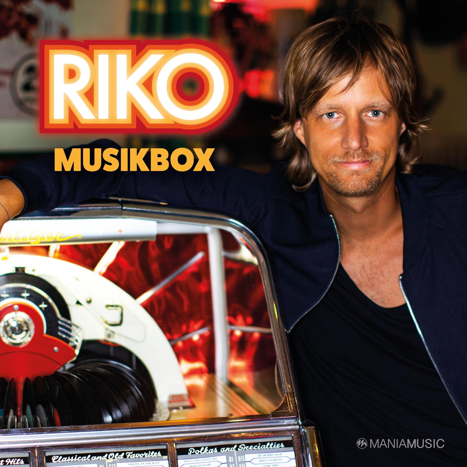 Riko Musikbox Albumcover. Ein Mann mit einer Jukebox.