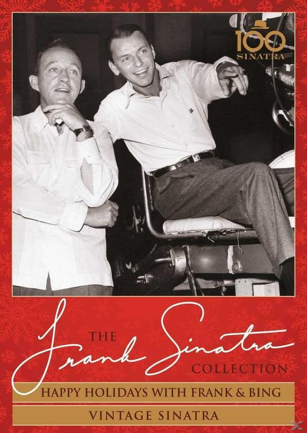 Zwart-witfoto van Frank Sinatra met een andere man. Sinatra zit en wijst. Op de cover staat "Happy Holidays with Frank & Bing".