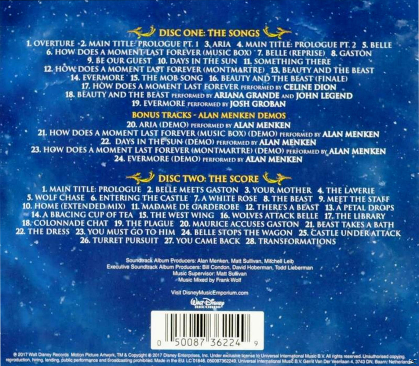 CD-achterkant met een lijst van liedjes en bonustracks van de Disney-film.