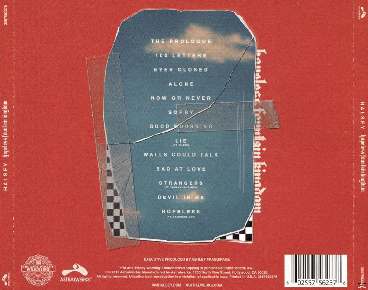 Albumhoes met rode achtergrond en blauwe overlay met songtitels. Halsey's 'hopeless fountain kingdom' staat erop.