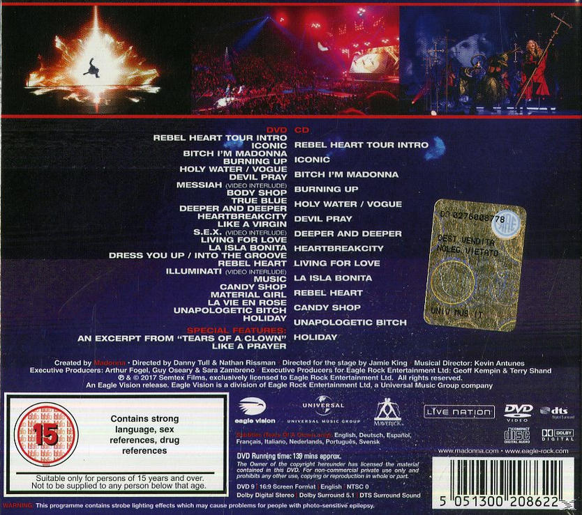 DVD-hoes met Madonna concertdetails. Bevat tracklist, leeftijdsbeperking en logo's van Universal, Eagle Vision en Live Nation.