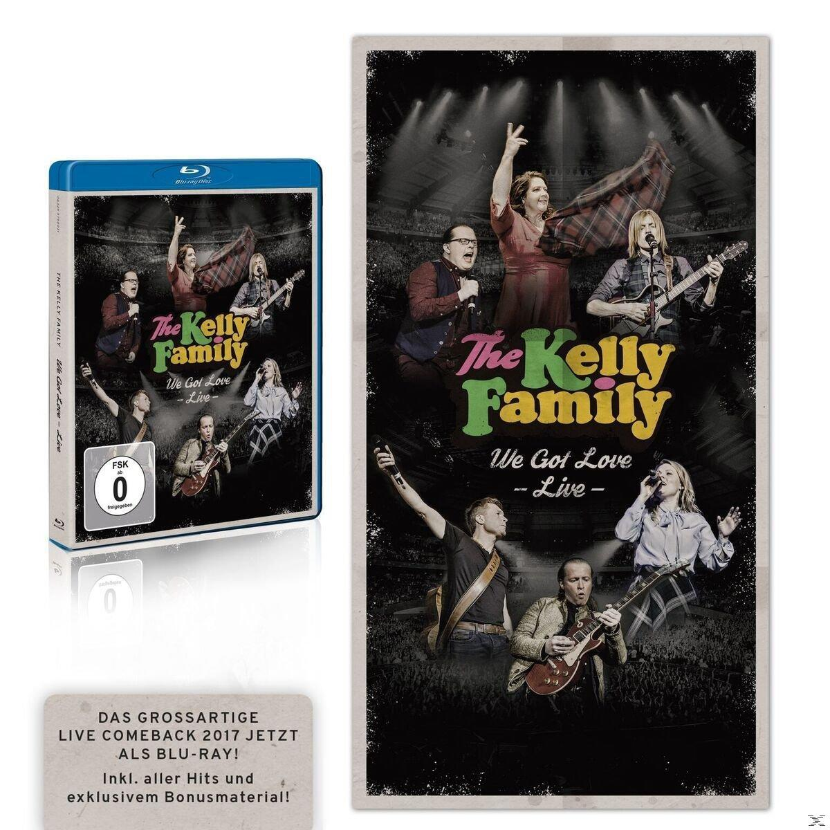 DVD-hoes toont The Kelly Family live, met Blu-ray hoes links. Tekst: We Got Love - Live.