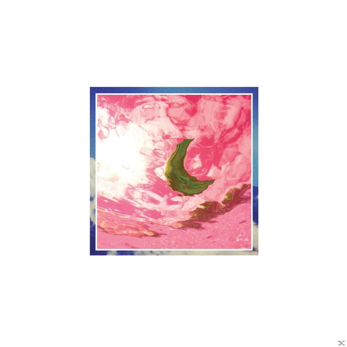 Abstracte kunst: groene halve maan zweeft in roze en witte wervelingen, met een bruin gebied eronder en een blauwe rand.
