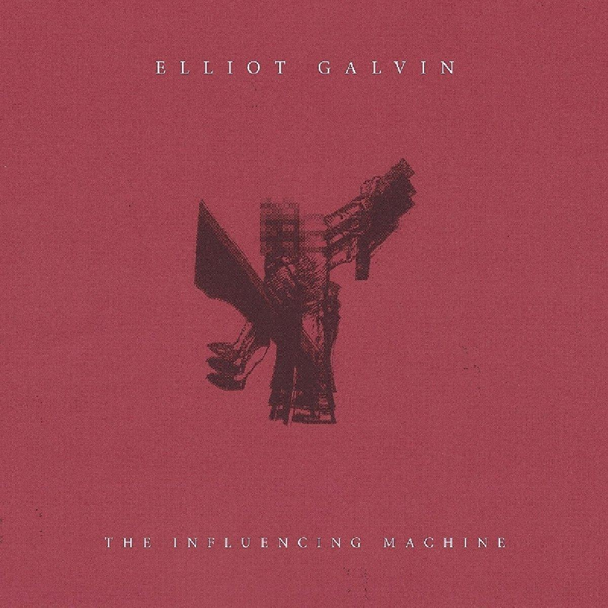 Albumhoes met rode achtergrond. Titel: Elliot Galvin, The Influencing Machine. Abstracte figuur in het midden. Witte tekst.