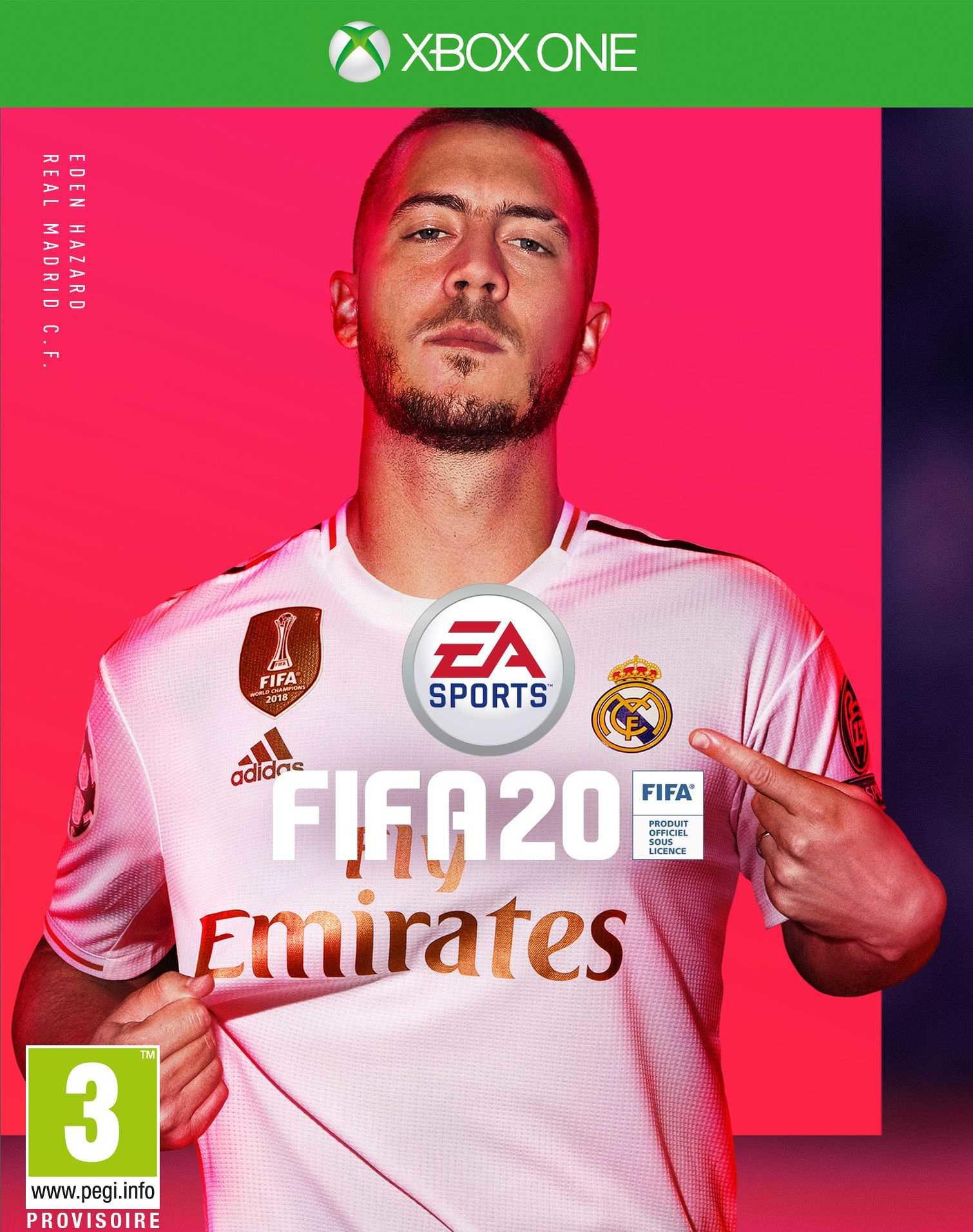 FIFA 20 game cover. Eden Hazard in een wit shirt, roze achtergrond, en EA Sports logo.