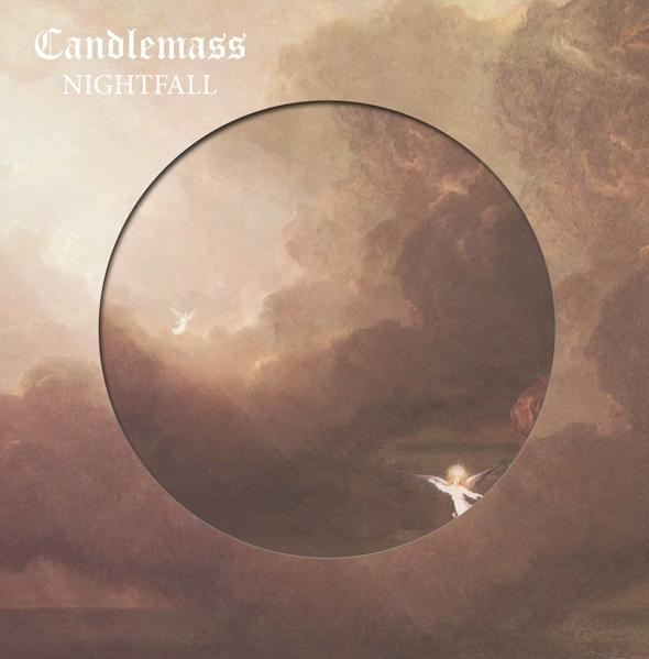 Albumcover: Kreis ausgeschnitten mit wolkigem Hintergrund. Titel: Nightfall. Künstler: Candlemass.