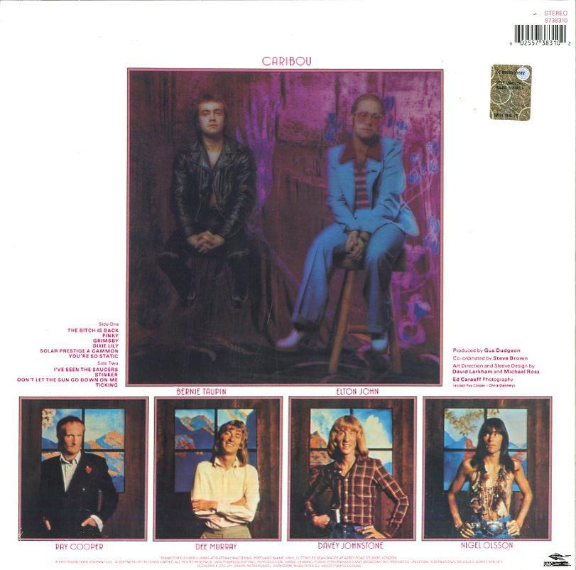 Album borítója két férfival ülve és négy kisebb portréval. Cím: Caribou. Férfiak öltönyben, alkalmi ruhában. Háttér: mintás.