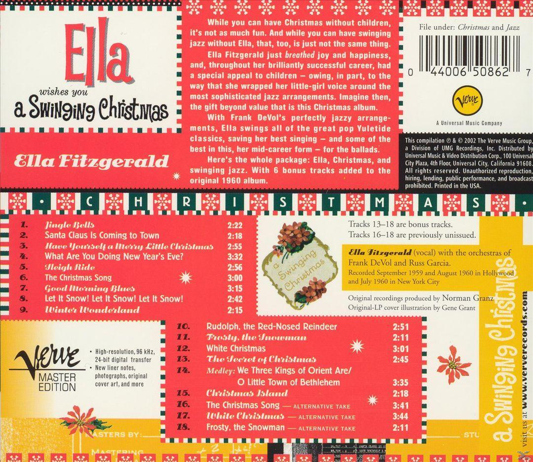 Album borító: Ella Fitzgerald 'A Swinging Christmas'. Piros-fehér design, számlista és Verve logó. Karácsonyi téma.