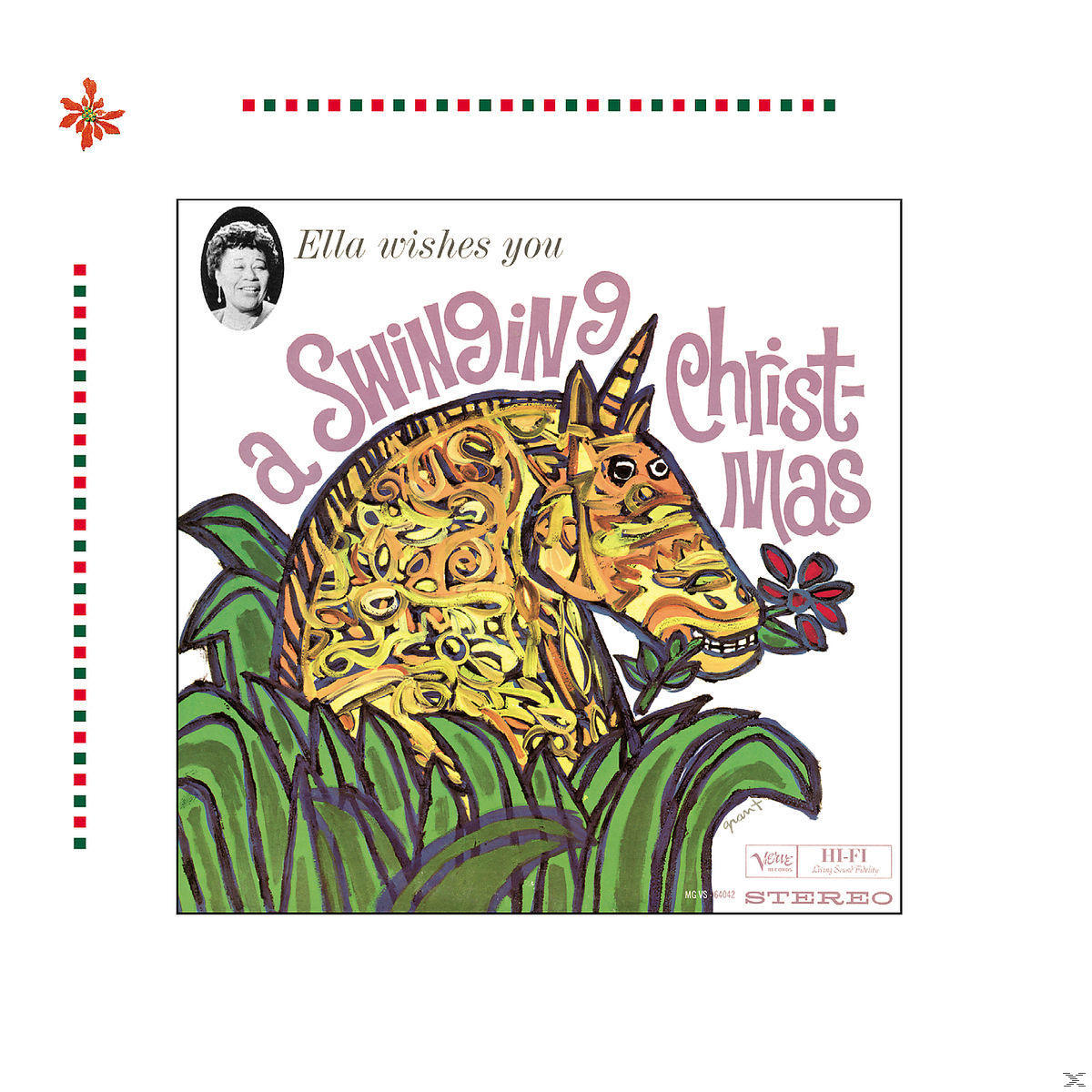 Album borító: Egy unikornis a szájában virággal, zöldövezettel körülvéve. A szöveg: 'Ella egy Swinging Christmas-t kíván'.