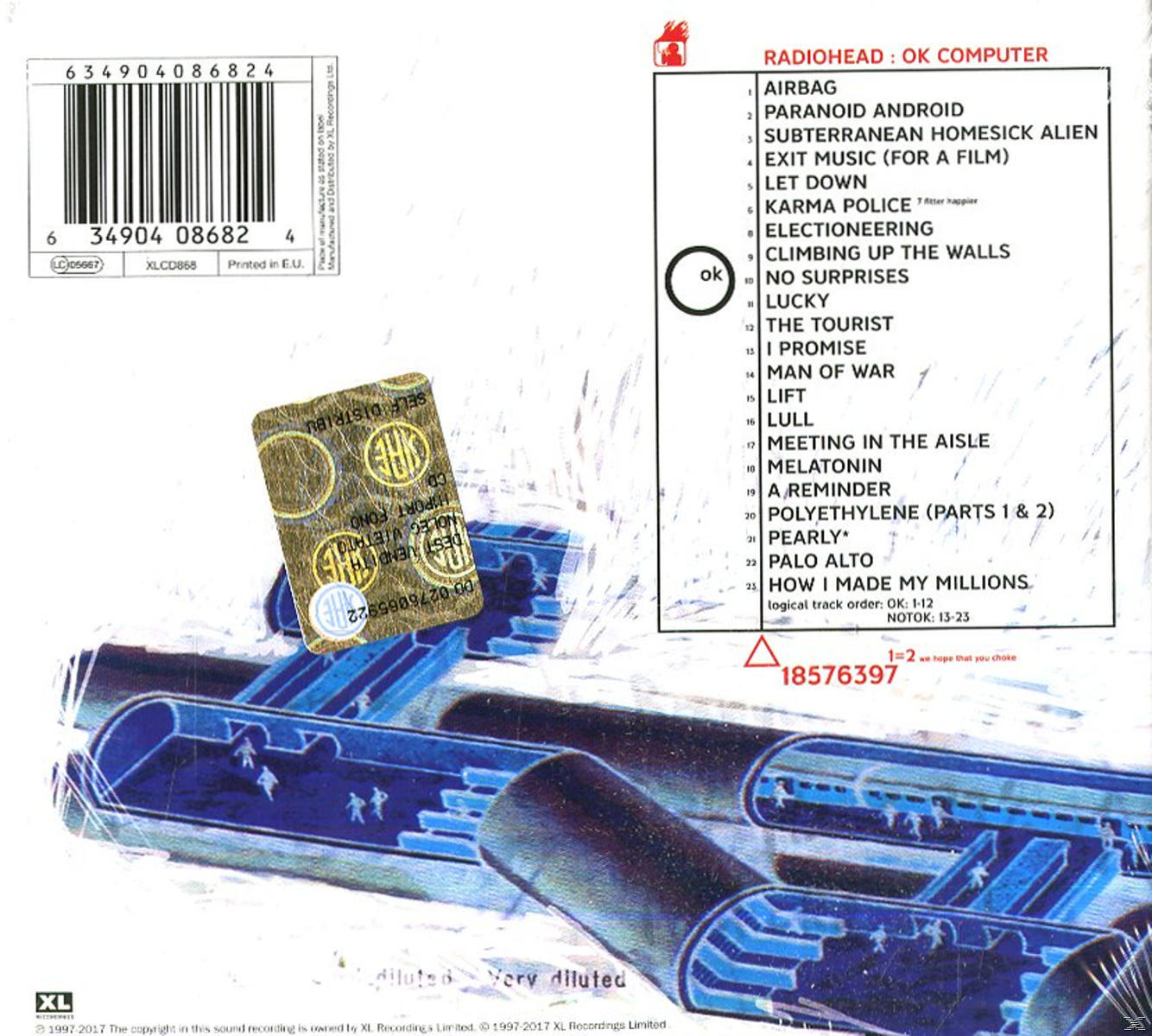 Pochette d'album. Illustration d'intérieur de train avec passagers, liste des titres et code-barres. Radiohead : OK Computer.