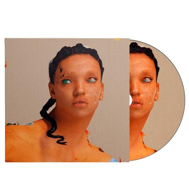 Albumhoes met een portret van een persoon met een oranje huid en groene en blauwe oogmake-up.