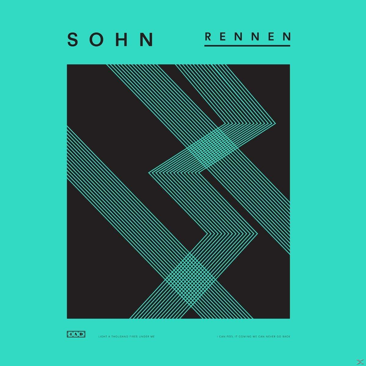 Albumcover mit schwarzem Hintergrund und türkisfarbenen Linien. Text: 'SOHN' und 'RENNEN', mit anderem Text unten.