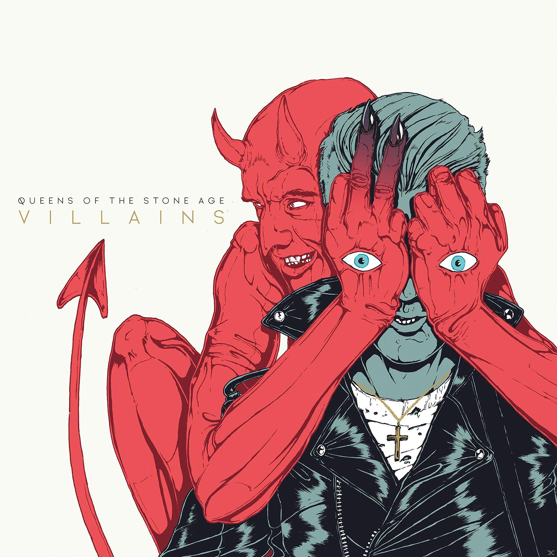 Albumcover: Roter Dämon bedeckt die Augen eines Mannes mit roten Händen. Text links. Weißer Hintergrund.