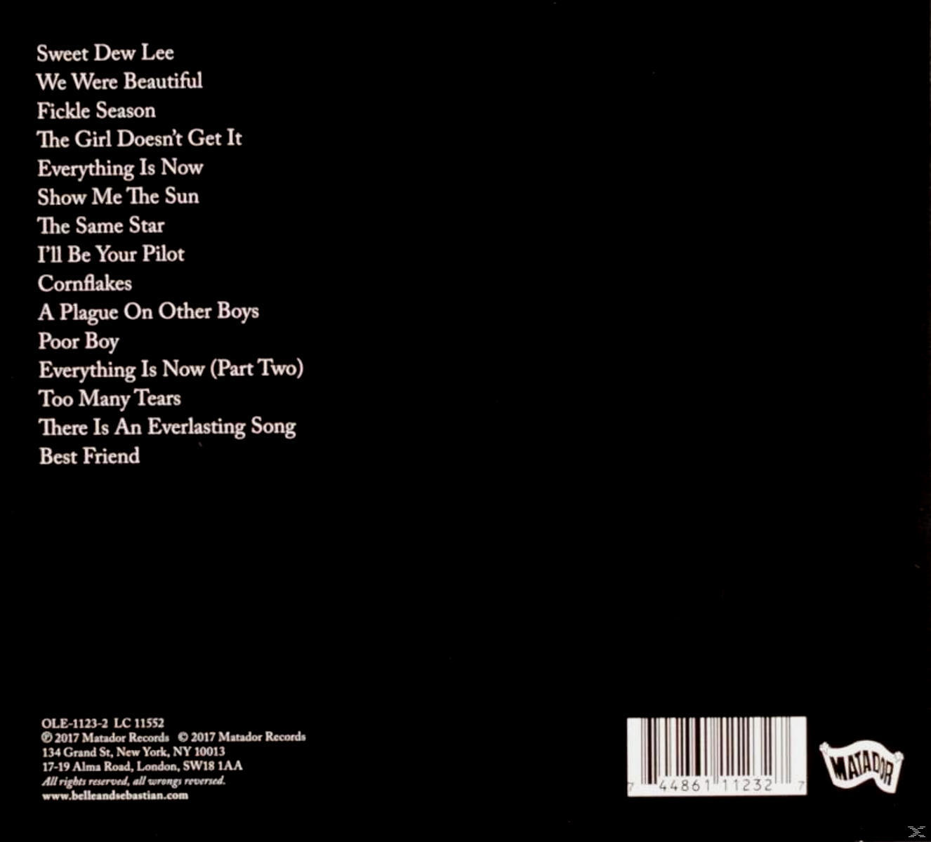 Album-Rückseite mit Titelliste. Schwarzer Hintergrund mit weißem Text. Albumtitel und Künstler unten.