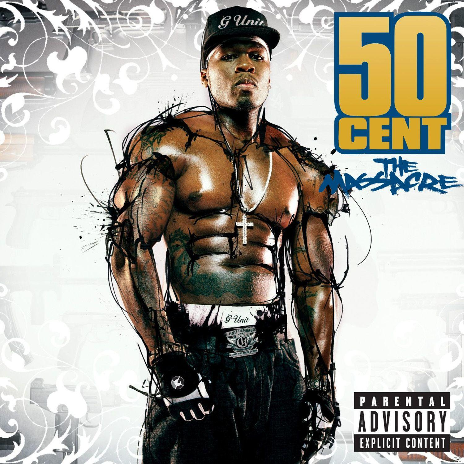 50 Cent albumhoes. Gespierde man in een tanktop, met een kruisketting.