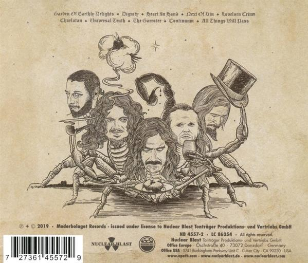 Album-Rückseite mit Illustrationen von Gesichtern und einer Pflanze mit Text und Credits unten.