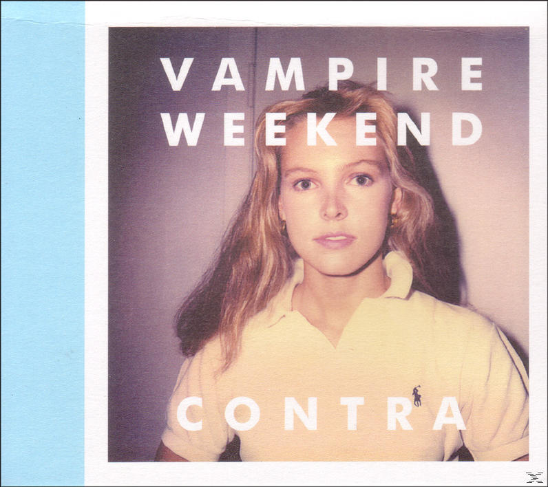 Vampire Weekend Albumcover: Eine Frau im Poloshirt. Text 'Vampire Weekend', 'Contra'.
