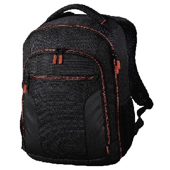 Mochila negra con detalles rojos.