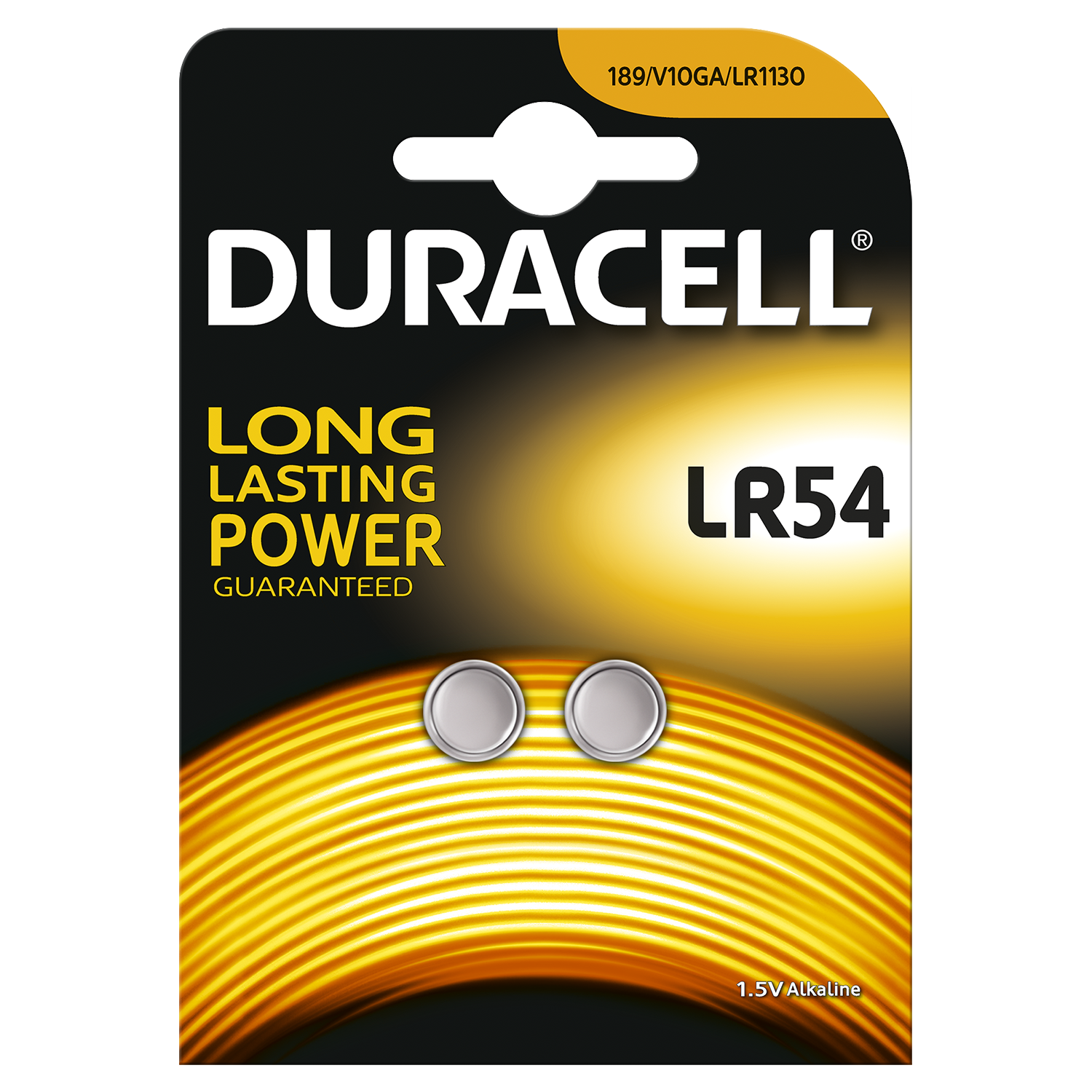 Een Duracell batterijverpakking met twee batterijen. Tekst: 'DURACELL', 'LR54' en 'LONG LASTING POWER'.