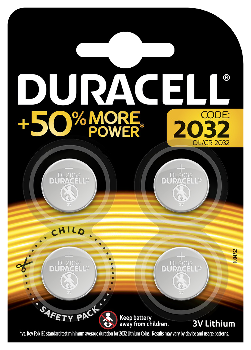 Duracell batterijverpakking met vier batterijen, tekst: 'Child Safety Pack'.