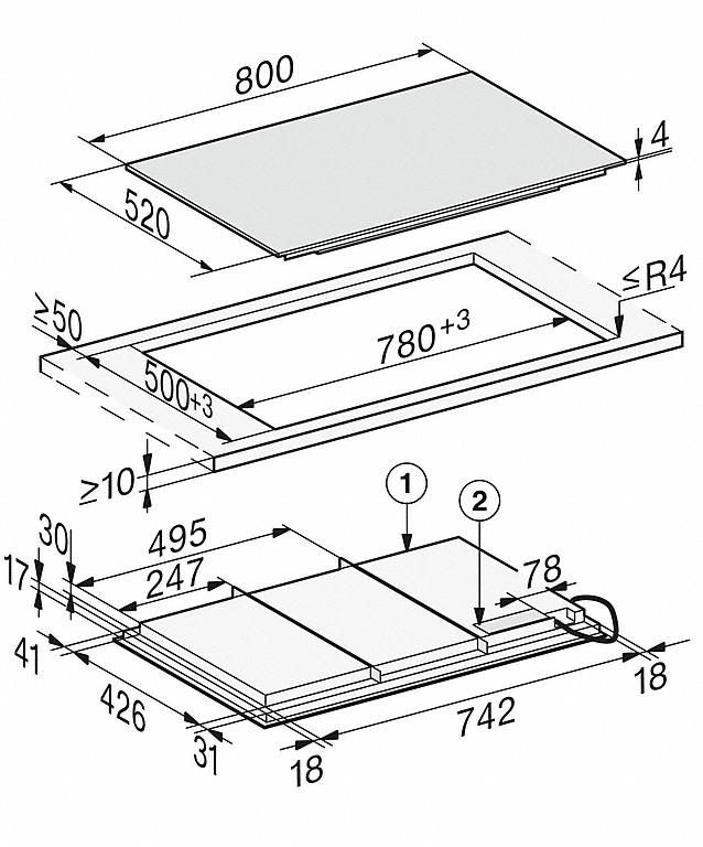 Diagramm eines Kochfelds mit Abmessungen und Beschriftungen. Oben ist eine Glasoberfläche, unten die Innenaufteilung.