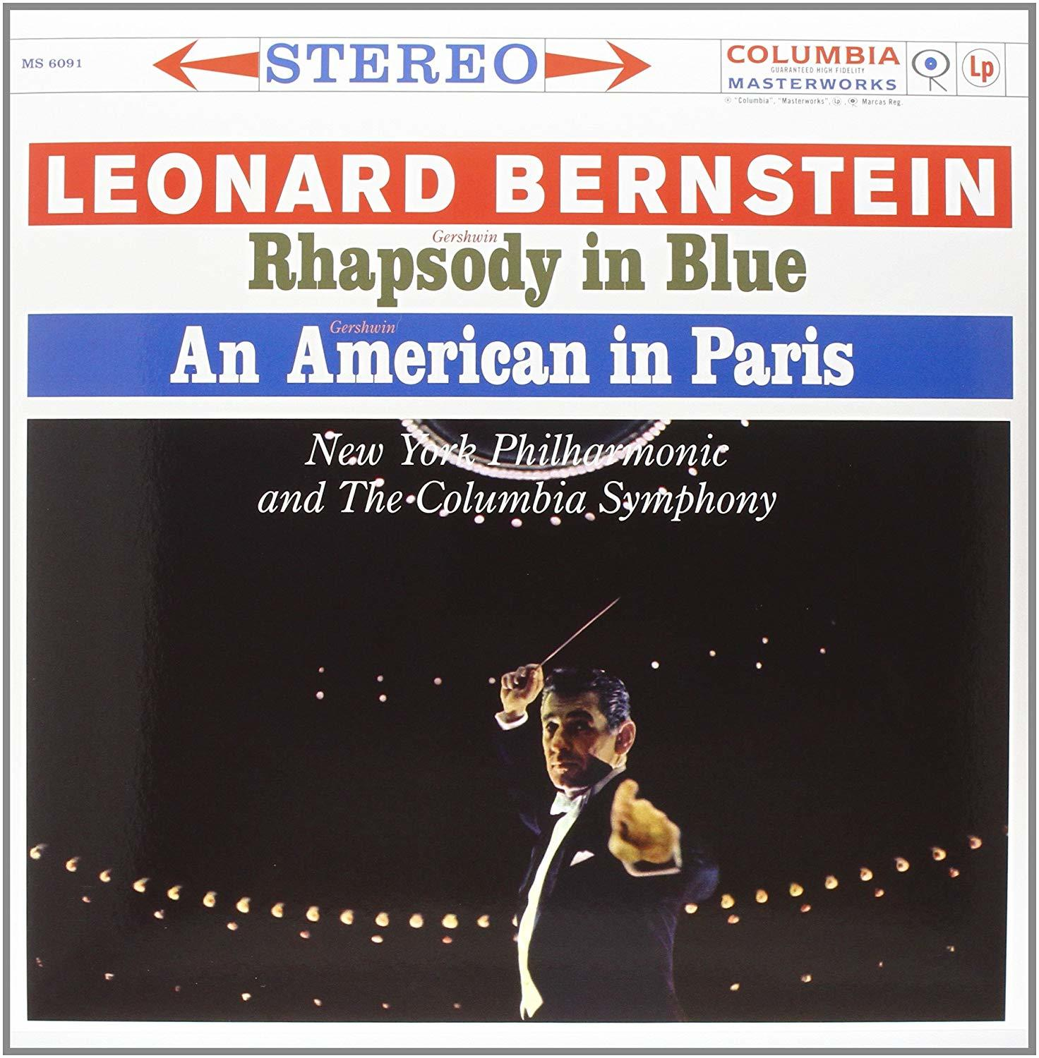 Albumborító: Leonard Bernstein vezényel, a "Rhapsody in Blue" és az "An American in Paris" felirattal.