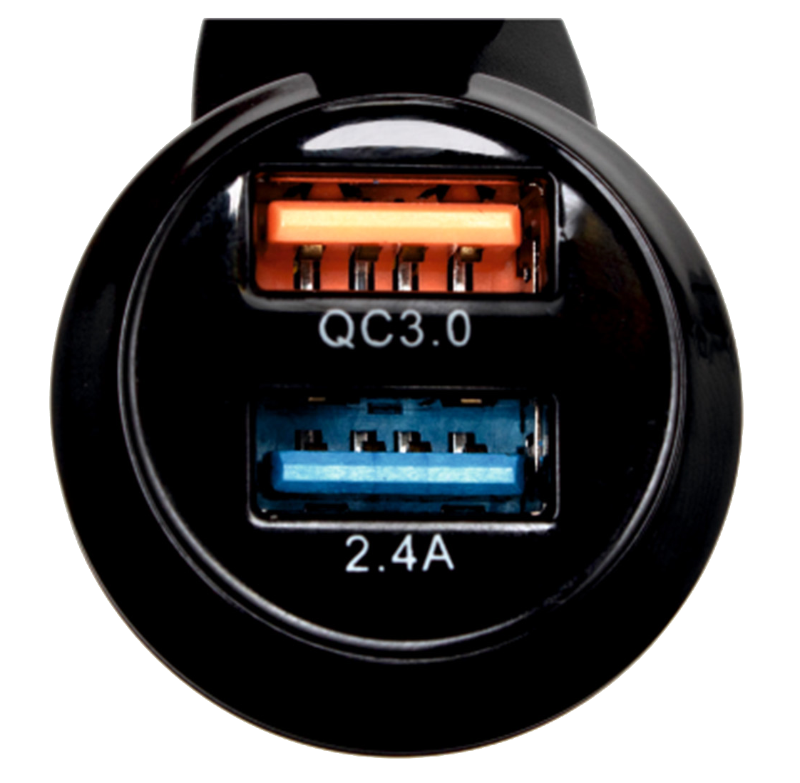 Fekete autós töltő USB és QC3.0 portokkal, narancs és kék részletekkel.