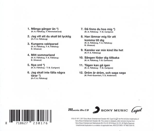Rückseite einer CD, mit schwedischer Titelliste und Sony Music Logo unten.