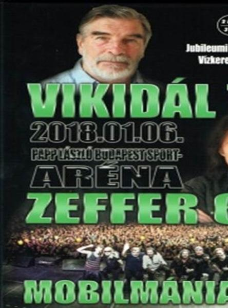 Egy koncert plakátja. Egy férfit ábrázol felül, zöld szöveget és egy tömeget alul. Fekete háttér.
