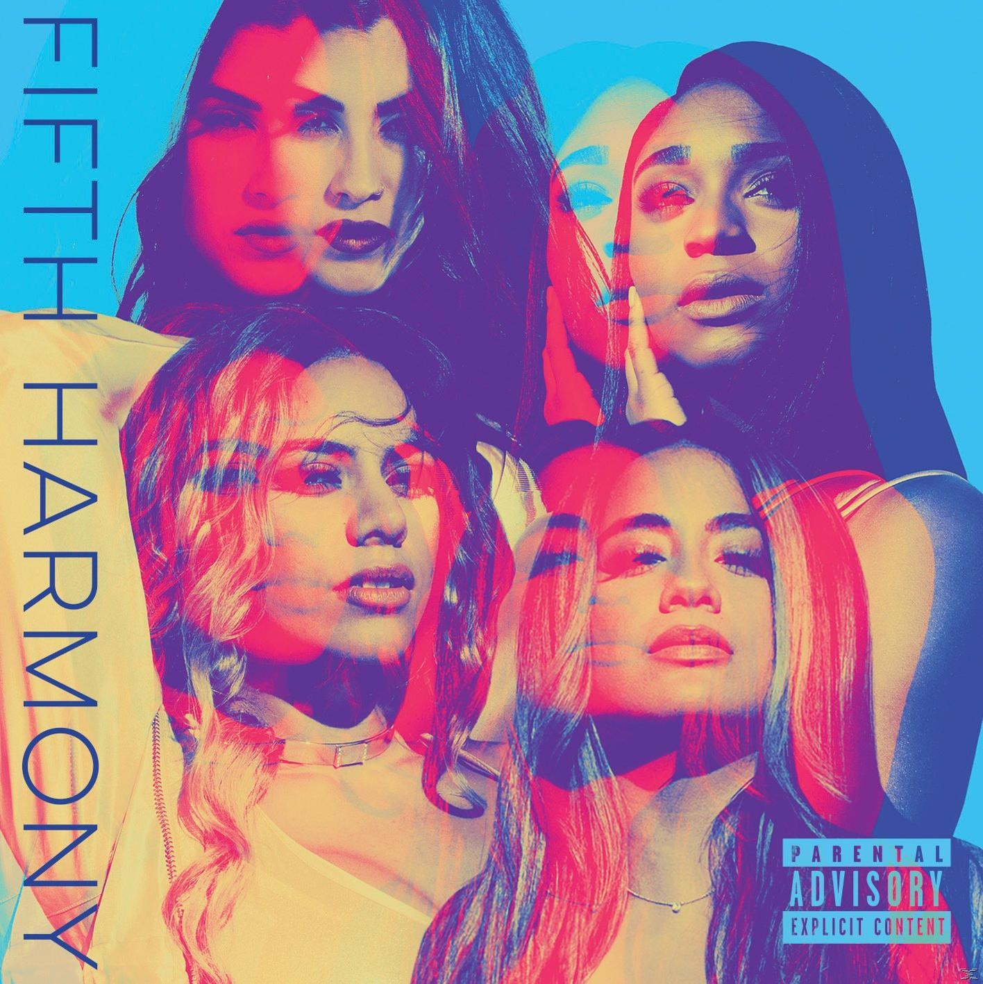 Albumhoes met vijf vrouwengezichten, Fifth Harmony, in rood, blauw en paars.