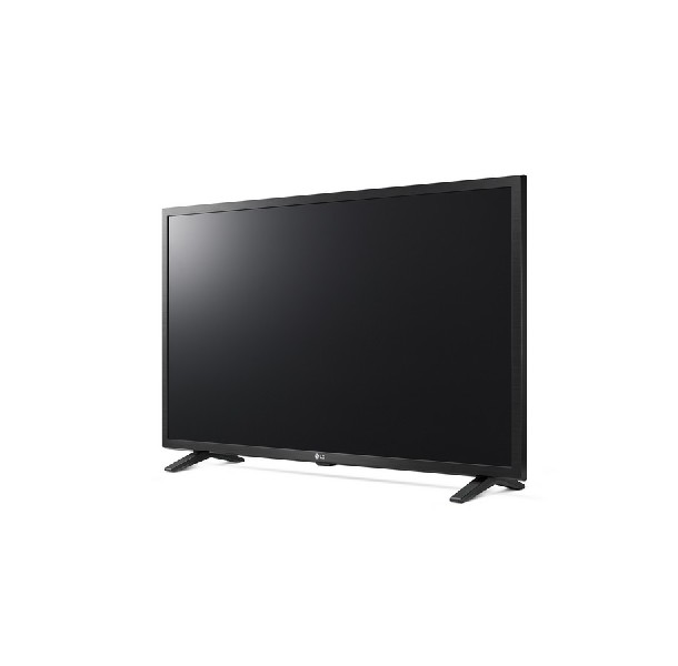 Televisor negro sobre fondo blanco con soportes negros. La pantalla está oscura.