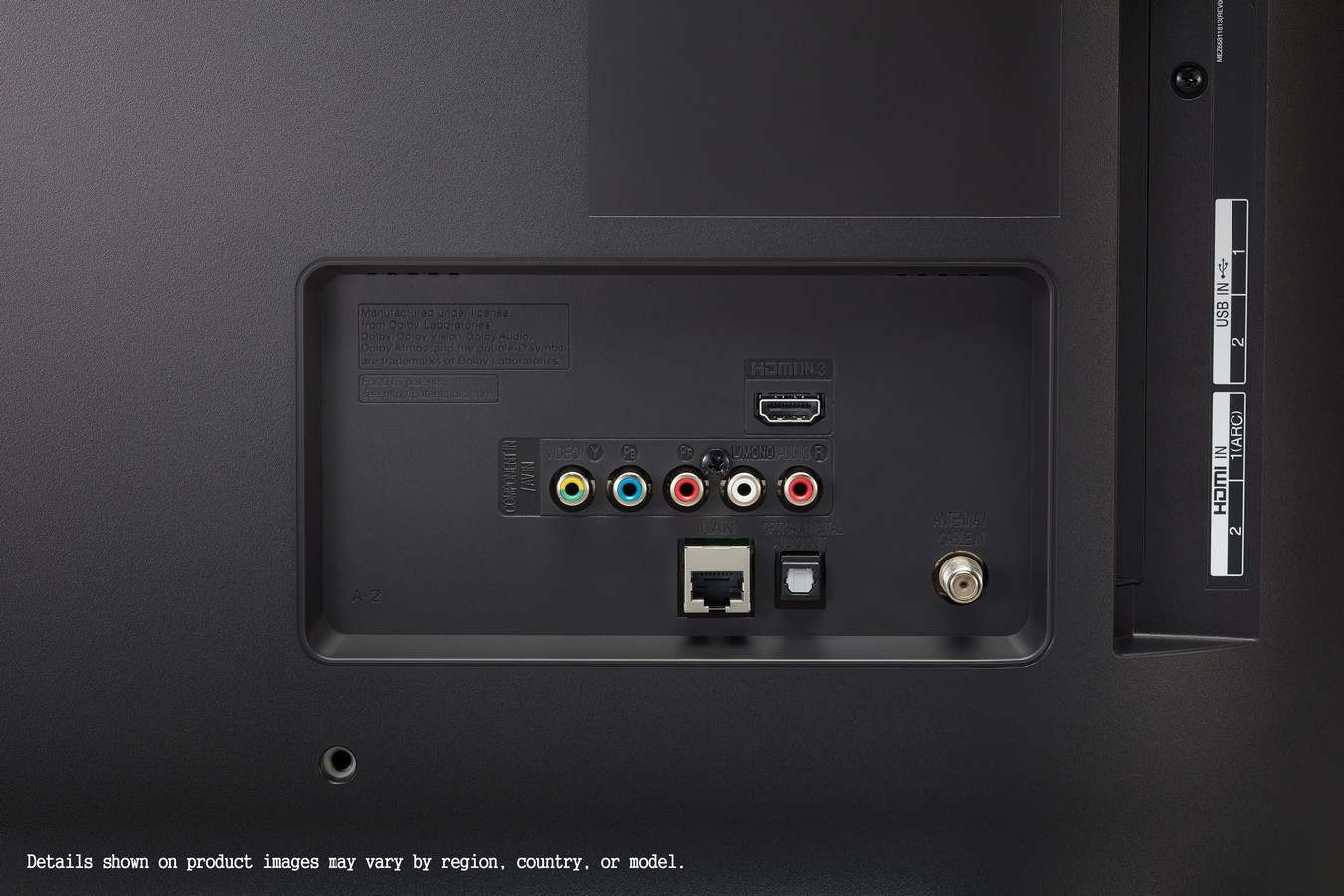 Parte trasera de un televisor negro. Puertos visibles: HDMI, USB y otros. Detalles de texto en la parte inferior.