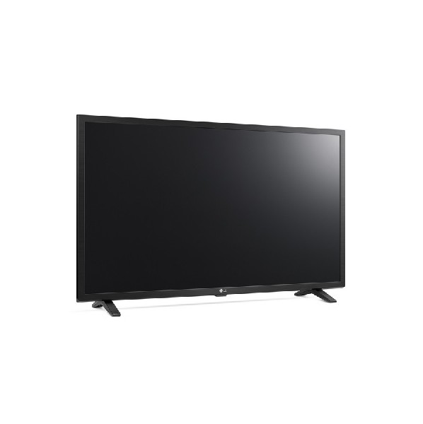 Un televisor LG negro sobre un fondo blanco. Tiene dos patas de soporte.