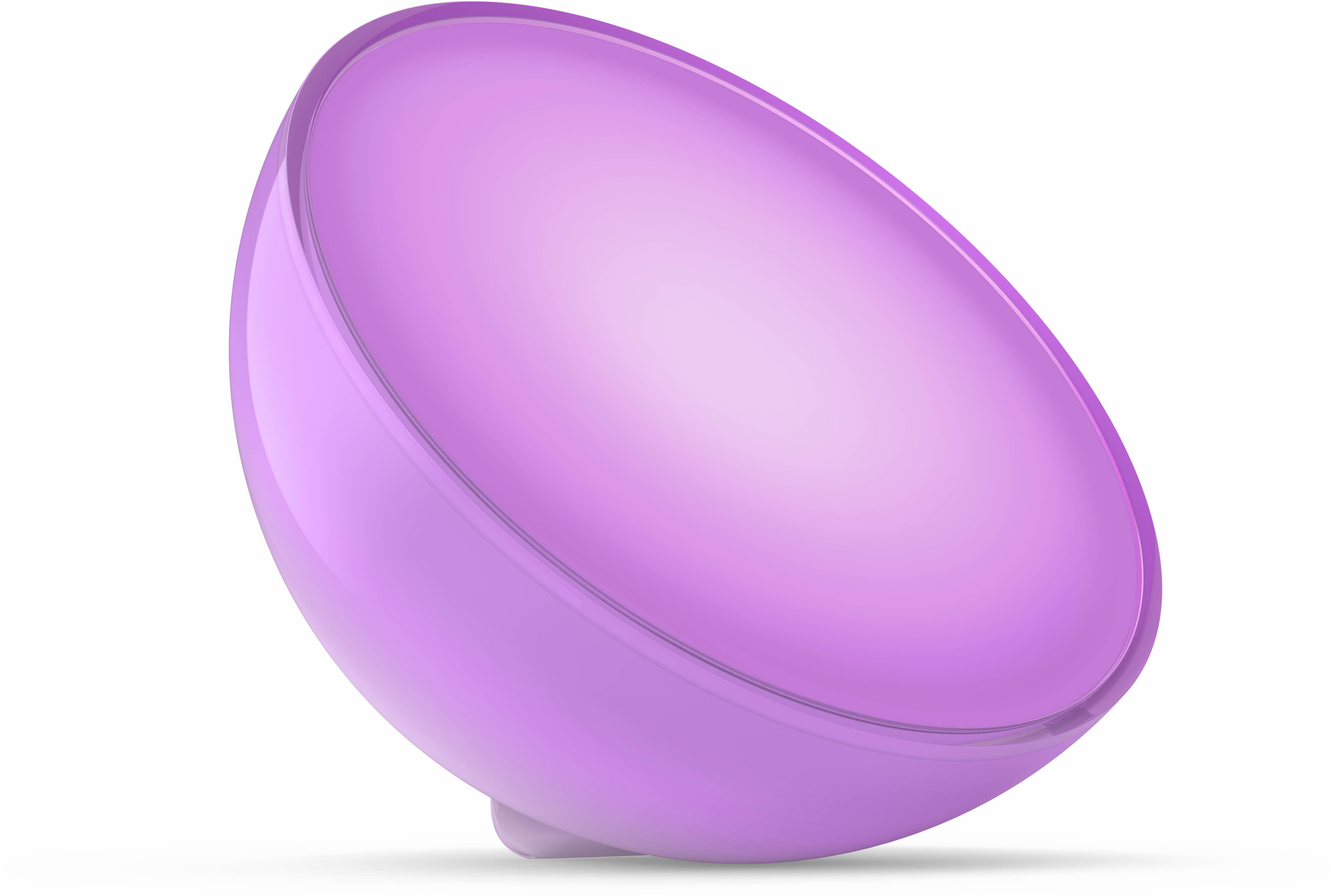 Une lampe intelligente violette et arrondie, avec une base blanche, sur fond blanc.
